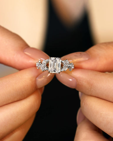 ANYA Emerald Cut Moissanite Nature Inspired Leaf Floral Cluster Engagement Ring