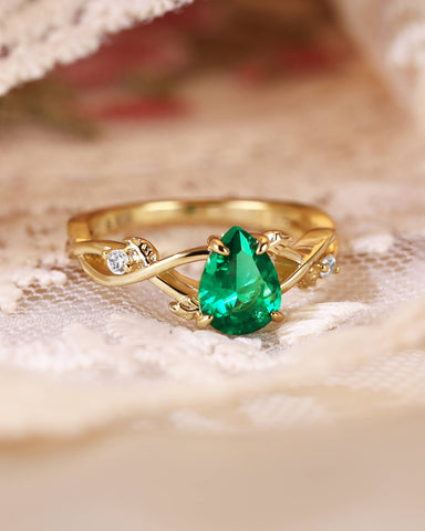 MABEL Nature Inspired Pear Cut Emerald Leaf Twist Engagement Ring