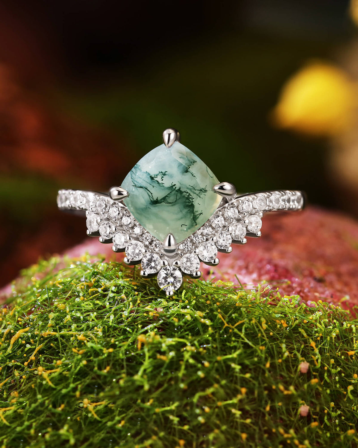 MOSSIRA Cushion Cut Moss Agate Cluster Engagement Ring