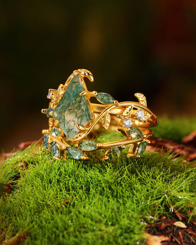 ROWENNA  Leaf Kite Cut Moss Agate Ring Set