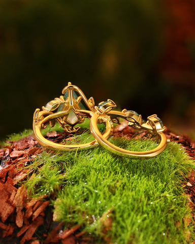ROWENNA  Leaf Kite Cut Moss Agate Ring Set