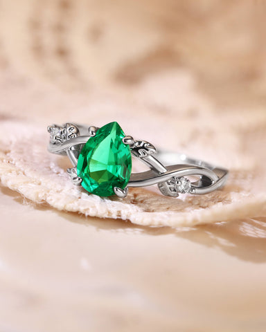MABEL Nature Inspired Pear Cut Emerald Leaf Twist Engagement Ring