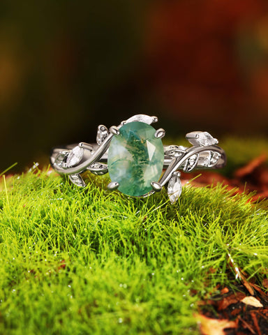 CALLA Vine Leaf Oval Moss Agate Engagement Ring