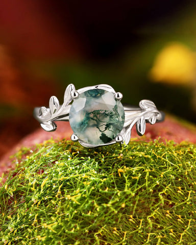 CHLORIS Round Cut Moss Agate Natural Inspired Leaf Engagement Ring