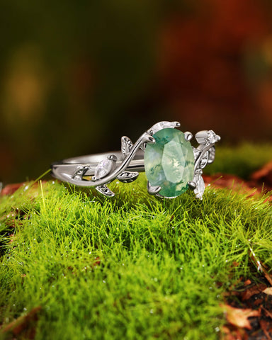 CALLA Vine Leaf Oval Moss Agate Engagement Ring
