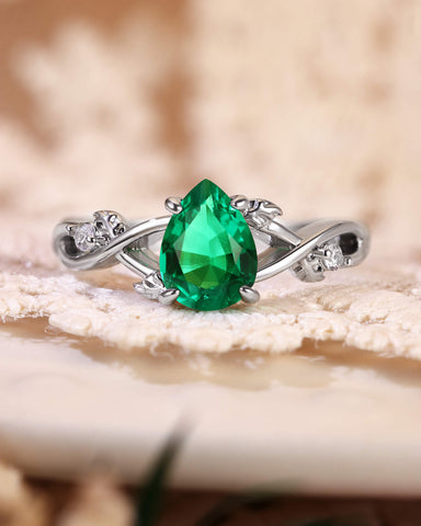 MABEL Nature Inspired Pear Cut Emerald Leaf Twist Engagement Ring