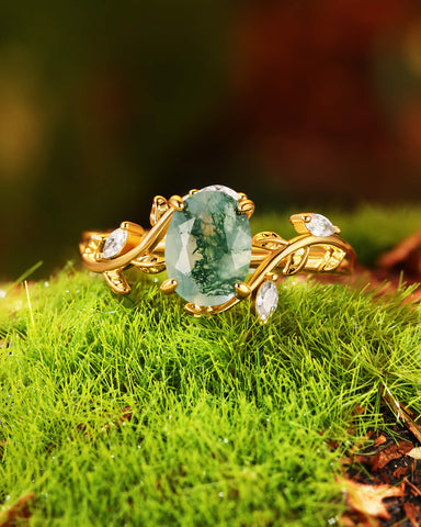 CALLA Vine Leaf Oval Moss Agate Engagement Ring