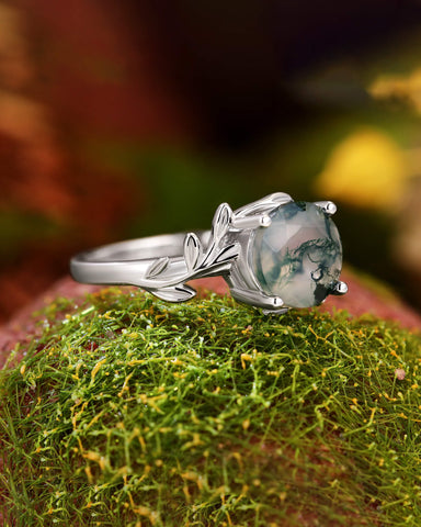 CHLORIS Round Cut Moss Agate Natural Inspired Leaf Engagement Ring