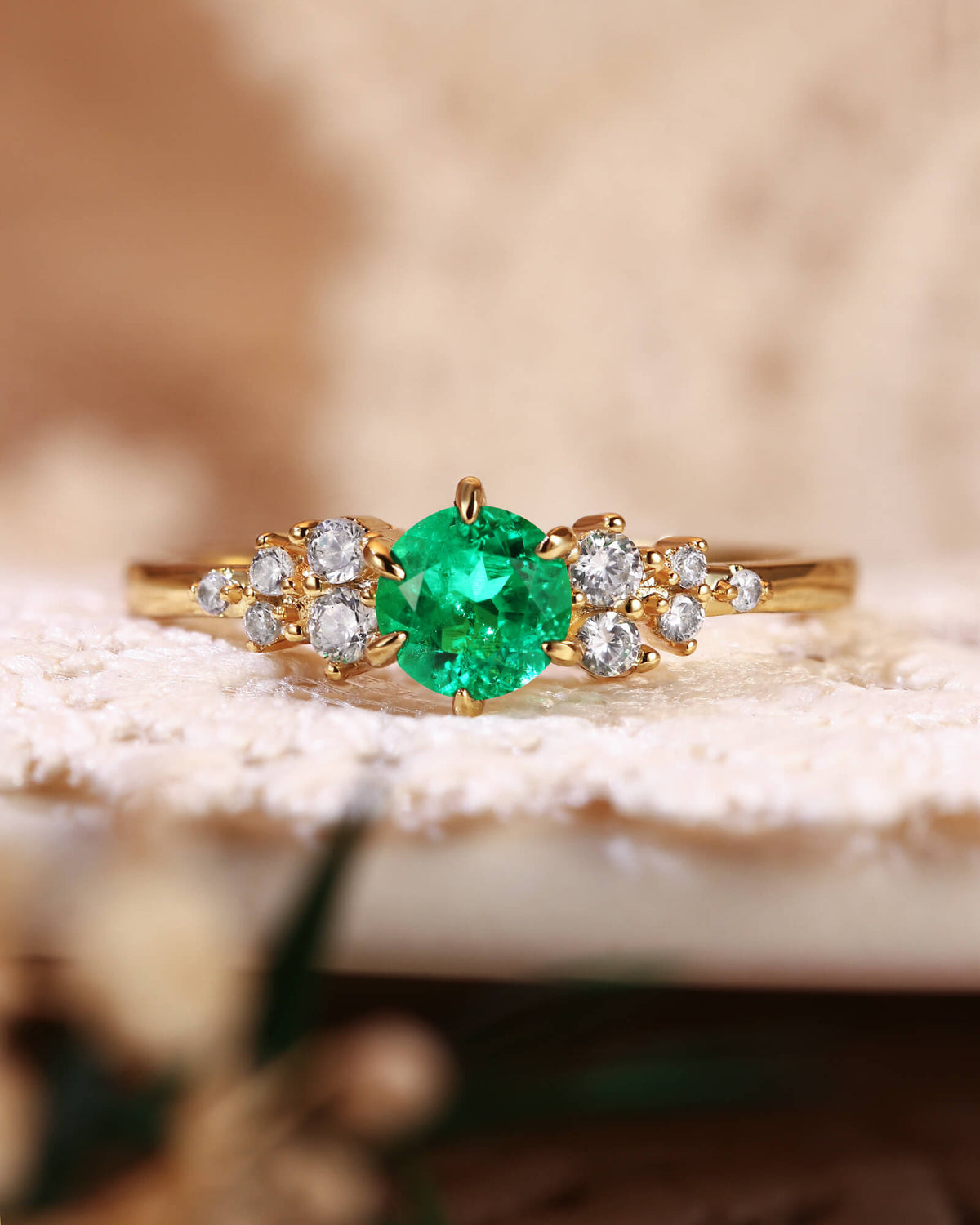 PINE  Round Cut Emerald Cluster Engagement Ring