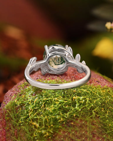 CHLORIS Round Cut Moss Agate Natural Inspired Leaf Engagement Ring
