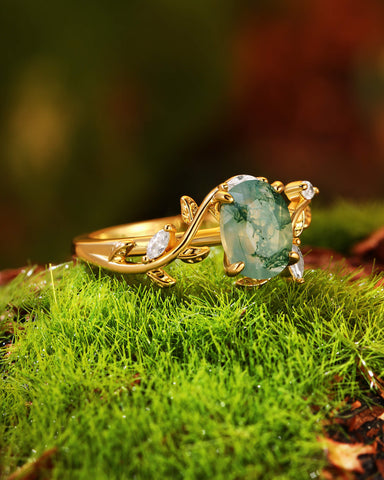 CALLA Vine Leaf Oval Moss Agate Engagement Ring