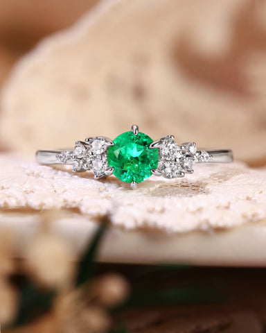 PINE  Round Cut Emerald Cluster Engagement Ring