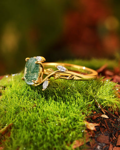 CALLA Vine Leaf Oval Moss Agate Engagement Ring