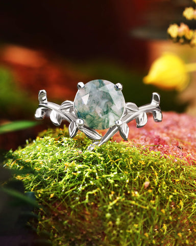 LORELEI Round Shaped Moss Agate Leaf Vine Engagement Ring