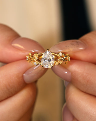 KARA Pear Shaped Moissanite Nature Inspired Engagement Ring