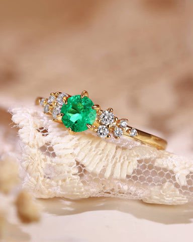 PINE  Round Cut Emerald Cluster Engagement Ring