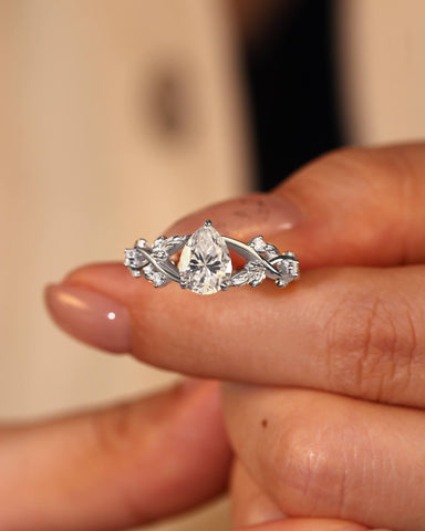 KARA Pear Shaped Moissanite Nature Inspired Engagement Ring