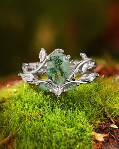 JUNIA Vine Leaf Oval Moss Agate Ring Set
