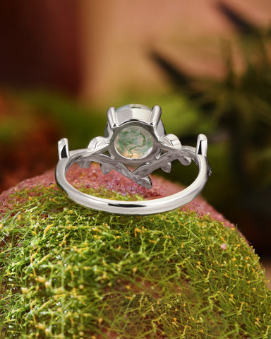 LORELEI Round Shaped Moss Agate Leaf Vine Engagement Ring