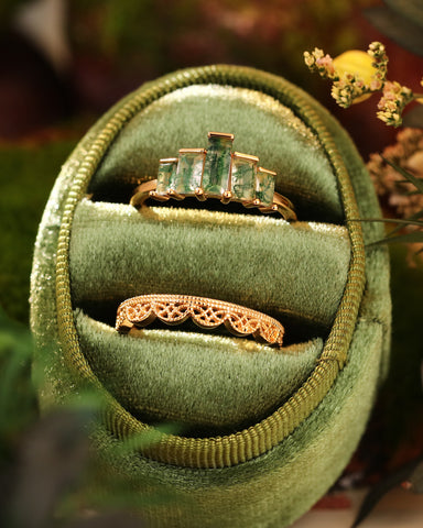 LAPIVERE Elongated Baguette Moss Agate Engagement Ring Set Vintage Bridal Ring