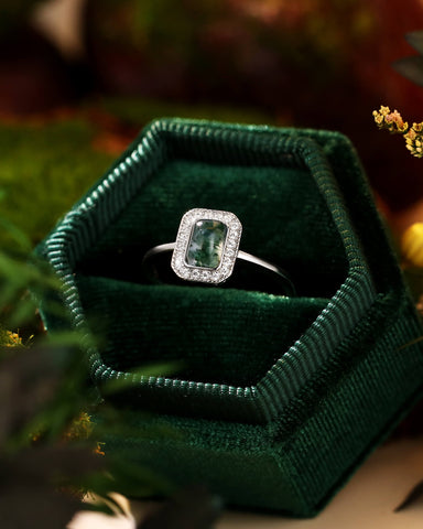Emerald Shaped Solitaire Promise Ring Bezel Halo Moss Agate Engagement Ring