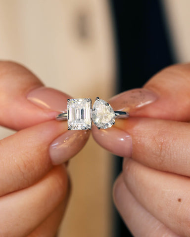 ALMA Pear and Emerald Cut Moissanite Diamond Toi et Moi Engagement Ring