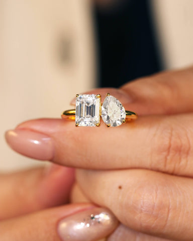 ALMA Pear and Emerald Cut Moissanite Diamond Toi et Moi Engagement Ring