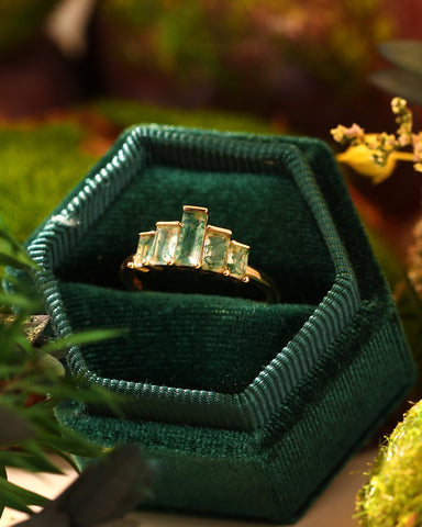 THALLAION Vintage abreast Baguette Moss Agate Engagement Ring