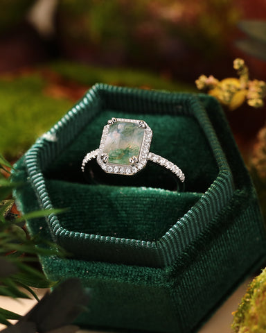 THISTLE Halo Emerald Shaped Moss Agate Engagement Ring