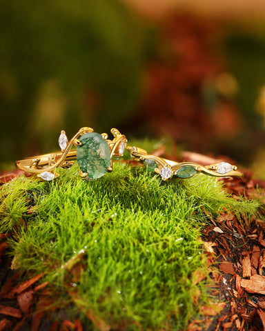 JUNIA Vine Leaf Oval Moss Agate Ring Set