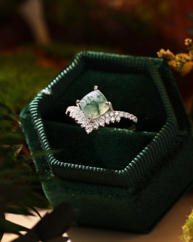MOSSIRA Cushion Cut Moss Agate Cluster Engagement Ring