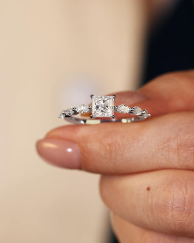 SARA Marquise Accents Moissanite Princess Cut Engagement Ring