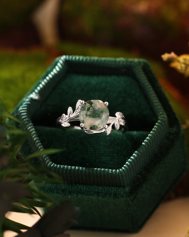 CHLORIS Round Cut Moss Agate Natural Inspired Leaf Engagement Ring
