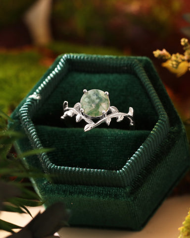 LORELEI Round Shaped Moss Agate Leaf Vine Engagement Ring