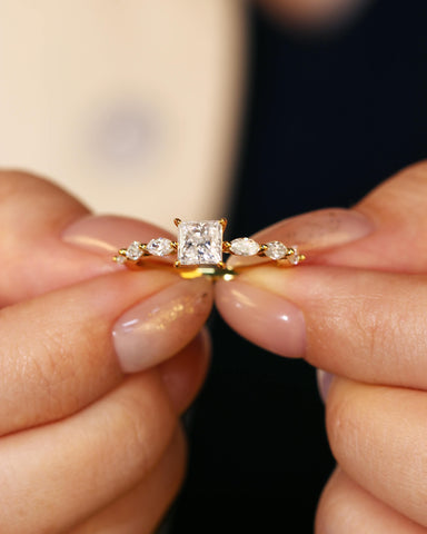 SARA Marquise Accents Moissanite Princess Cut Engagement Ring