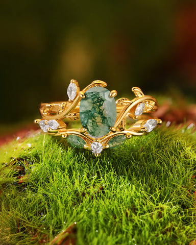 JUNIA Vine Leaf Oval Moss Agate Ring Set