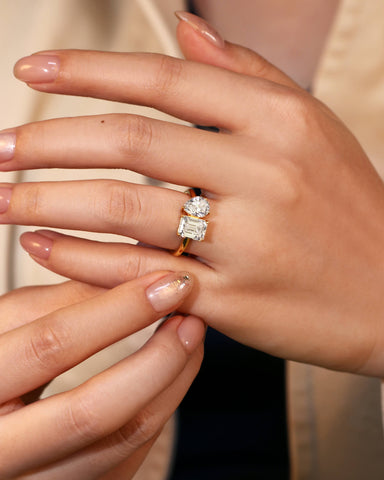 ALMA Pear and Emerald Cut Moissanite Diamond Toi et Moi Engagement Ring