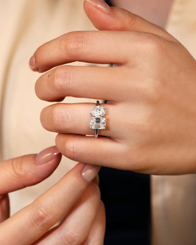 ALMA Pear and Emerald Cut Moissanite Diamond Toi et Moi Engagement Ring