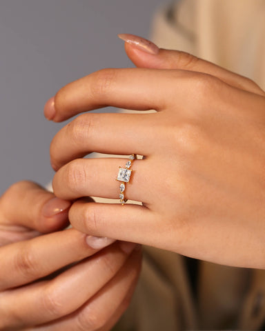 SARA Marquise Accents Moissanite Princess Cut Engagement Ring