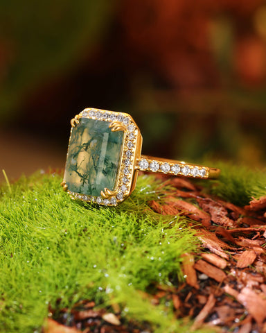 THISTLE Halo Emerald Shaped Moss Agate Engagement Ring