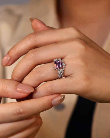 VIOLET Round Cut Alexandrite Leafy Engagement Ring Set