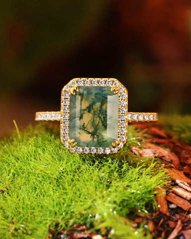 THISTLE Halo Emerald Shaped Moss Agate Engagement Ring
