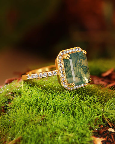 THISTLE Halo Emerald Shaped Moss Agate Engagement Ring