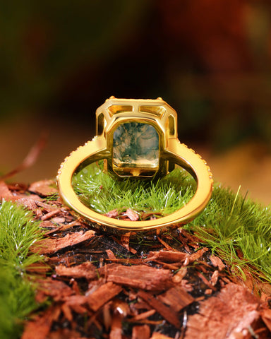THISTLE Halo Emerald Shaped Moss Agate Engagement Ring
