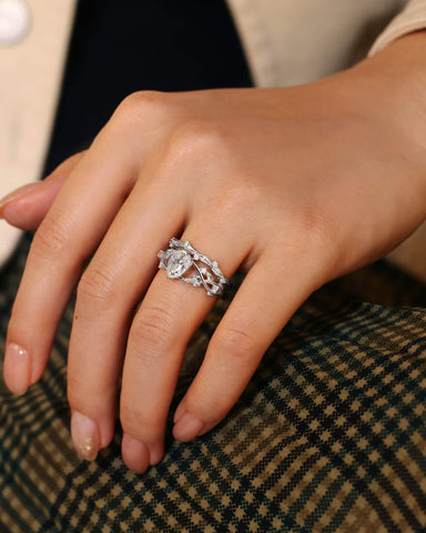 JENNA Pear Cut Moissanite Bridal Ring Set Nature Inspired Leaf Ring