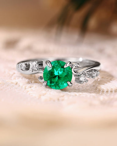 ARIEL Nature Inspired Round Shaped Emerald Engagement Ring