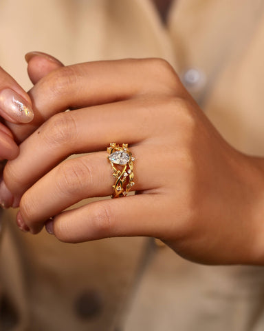 JENNA Pear Cut Moissanite Bridal Ring Set Nature Inspired Leaf Ring