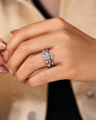 VERA Floral Inspired Moissanite Bridal Ring Set with Curved Band