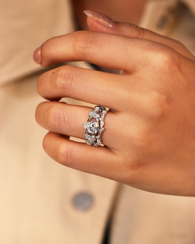 PALOMA Nature Inspired  Pear Cut Moissanite Engagement Ring Set with Leaf Wedding Band