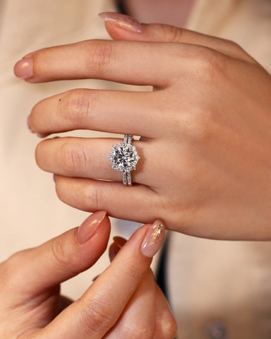 JASMINE Round Halo Moissanite Bridal Ring Set with Pave Band